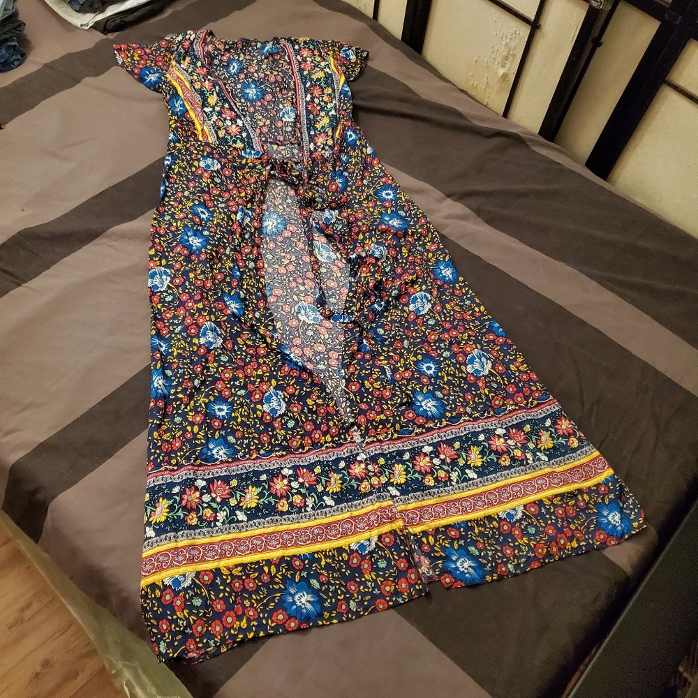 Unbranded Boho Maxi Floral Spring Fall Front Tie Shawl Dress Size Medium